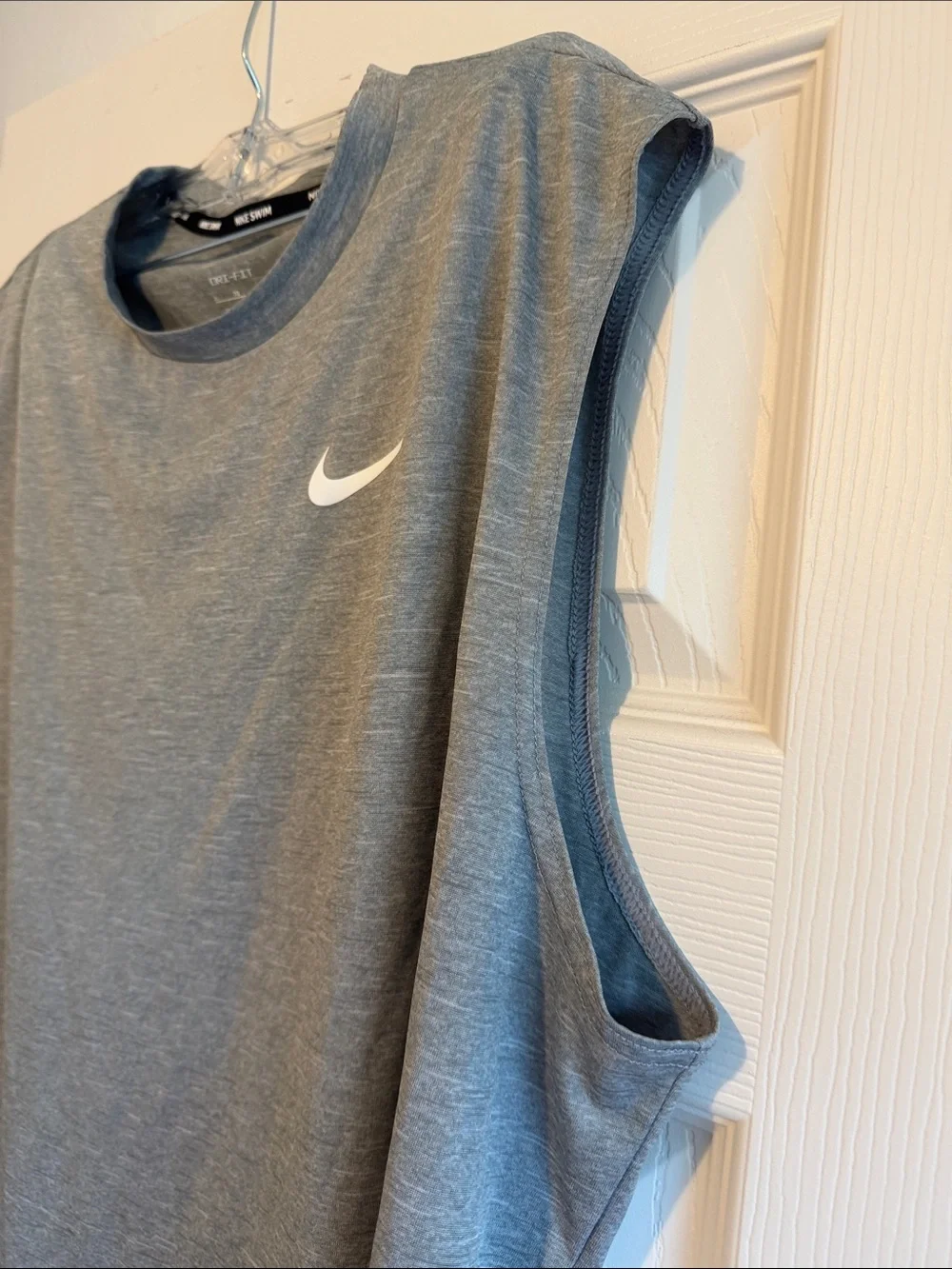 Nike Men’s Gray Sleeveless Dri-Fit Swim Tee with White Swoosh